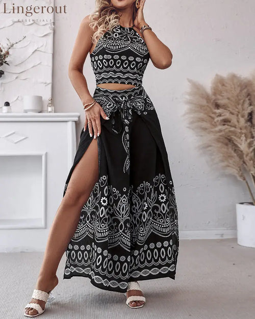 2 Pieces Outfits Tribal Print Keyhole Neck Sleeveless Top and Wide Leg Tied Detail Slit Pants Sets