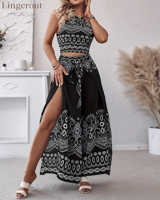 2 Pieces Outfits Tribal Print Keyhole Neck Sleeveless Top and Wide Leg Tied Detail Slit Pants Sets