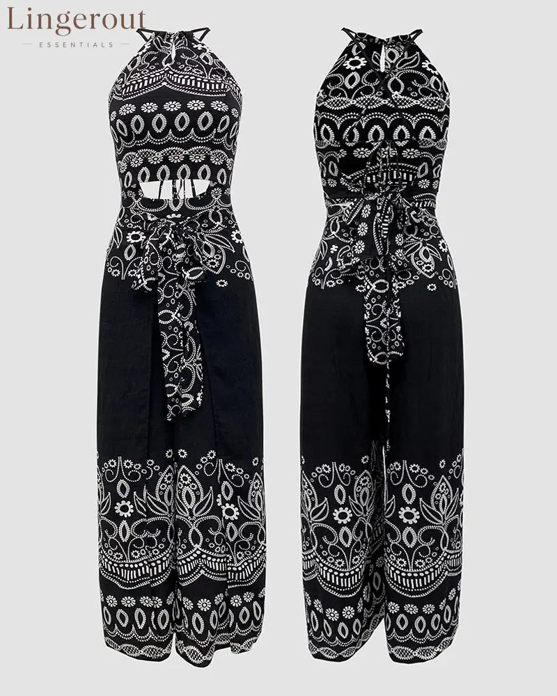 2 Pieces Outfits Tribal Print Keyhole Neck Sleeveless Top and Wide Leg Tied Detail Slit Pants Sets