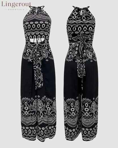 2 Pieces Outfits Tribal Print Keyhole Neck Sleeveless Top and Wide Leg Tied Detail Slit Pants Sets