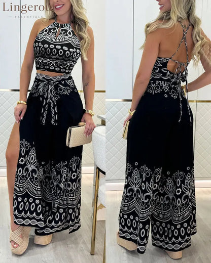2 Pieces Outfits Tribal Print Keyhole Neck Sleeveless Top and Wide Leg Tied Detail Slit Pants Sets - Black / S