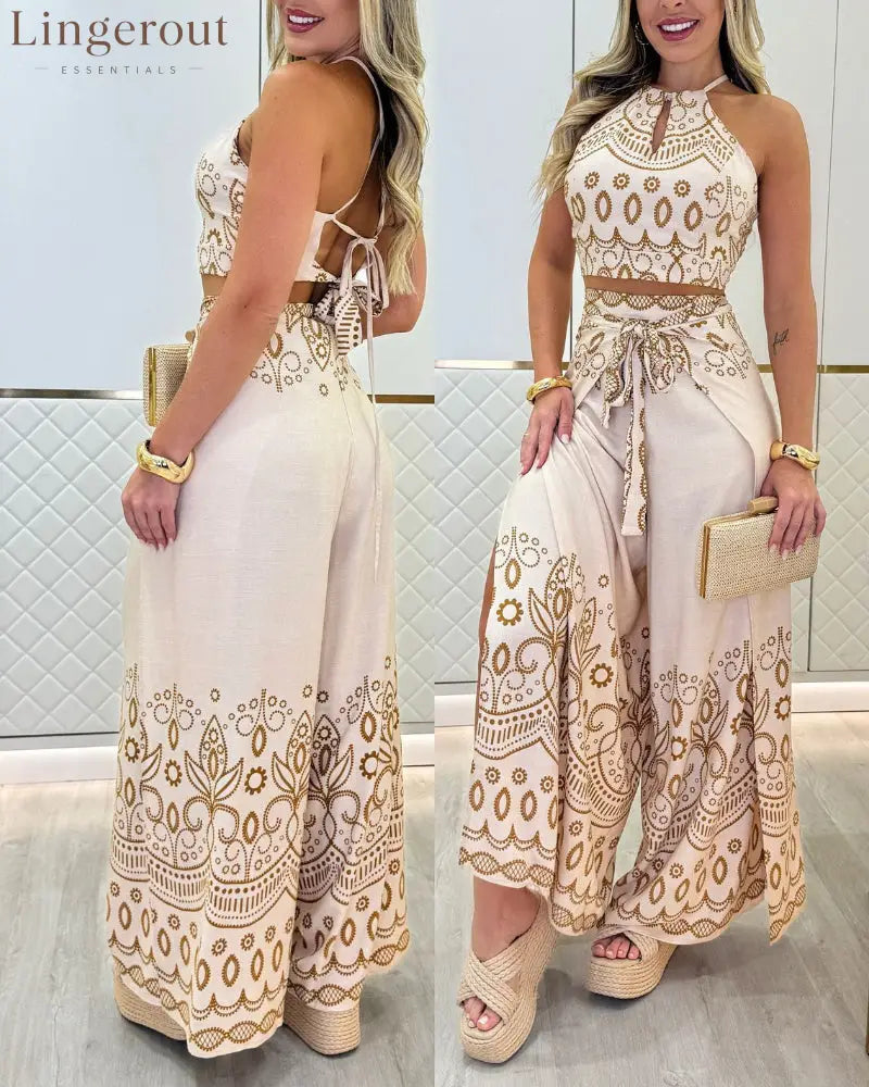2 Pieces Outfits Tribal Print Keyhole Neck Sleeveless Top and Wide Leg Tied Detail Slit Pants Sets - khaki / S