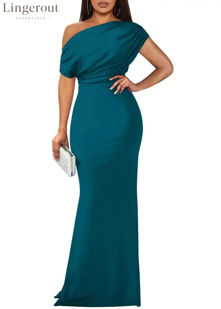 2025 Women’s Elegant Sleeveless Off Shoulder Bodycon Long Formal Party Evening Dress - Peacock Blue / S / Sleeveless
