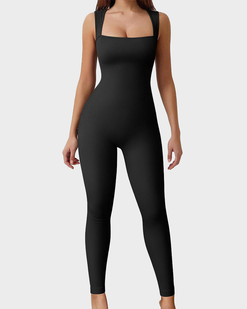 Hugmecurve® Ribbed Square Neck Sleeveless Workout Jumpsuit