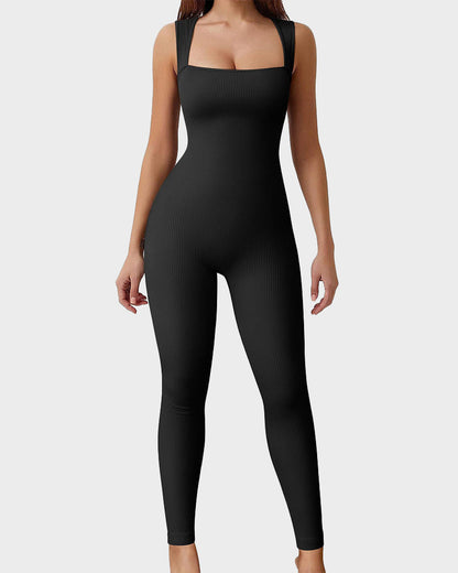 Hugmecurve® Ribbed Square Neck Sleeveless Workout Jumpsuit