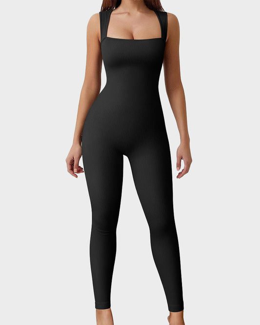 Hugmecurve® Ribbed Square Neck Sleeveless Workout Jumpsuit