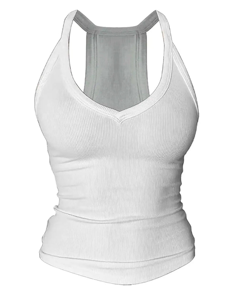 Built-in Bra V-Neck Ribbed Spaghetti Strap Cami Top - White / S
