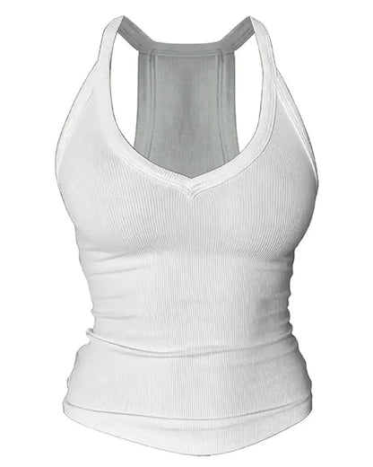 Built-in Bra V-Neck Ribbed Spaghetti Strap Cami Top - White / S
