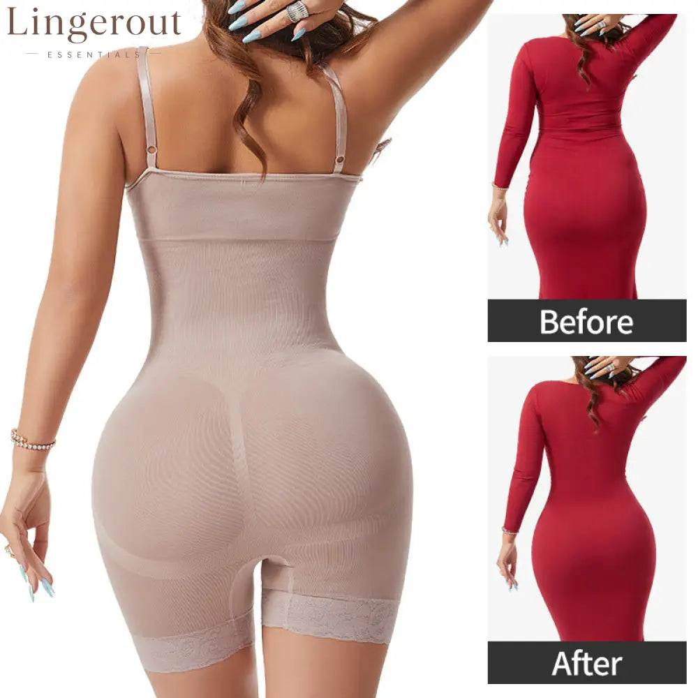 360° Strong Tummy Control Shapewear Bodysuit Spaghetti Strap Butt Lifting Lace Hem Body Shaper