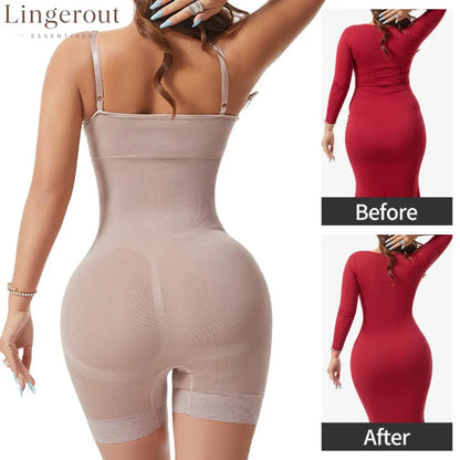 360° Strong Tummy Control Shapewear Bodysuit Spaghetti Strap Butt Lifting Lace Hem Body Shaper
