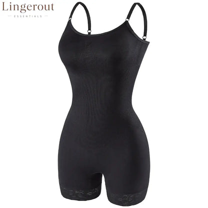 360° Strong Tummy Control Shapewear Bodysuit Spaghetti Strap Butt Lifting Lace Hem Body Shaper - Black / S