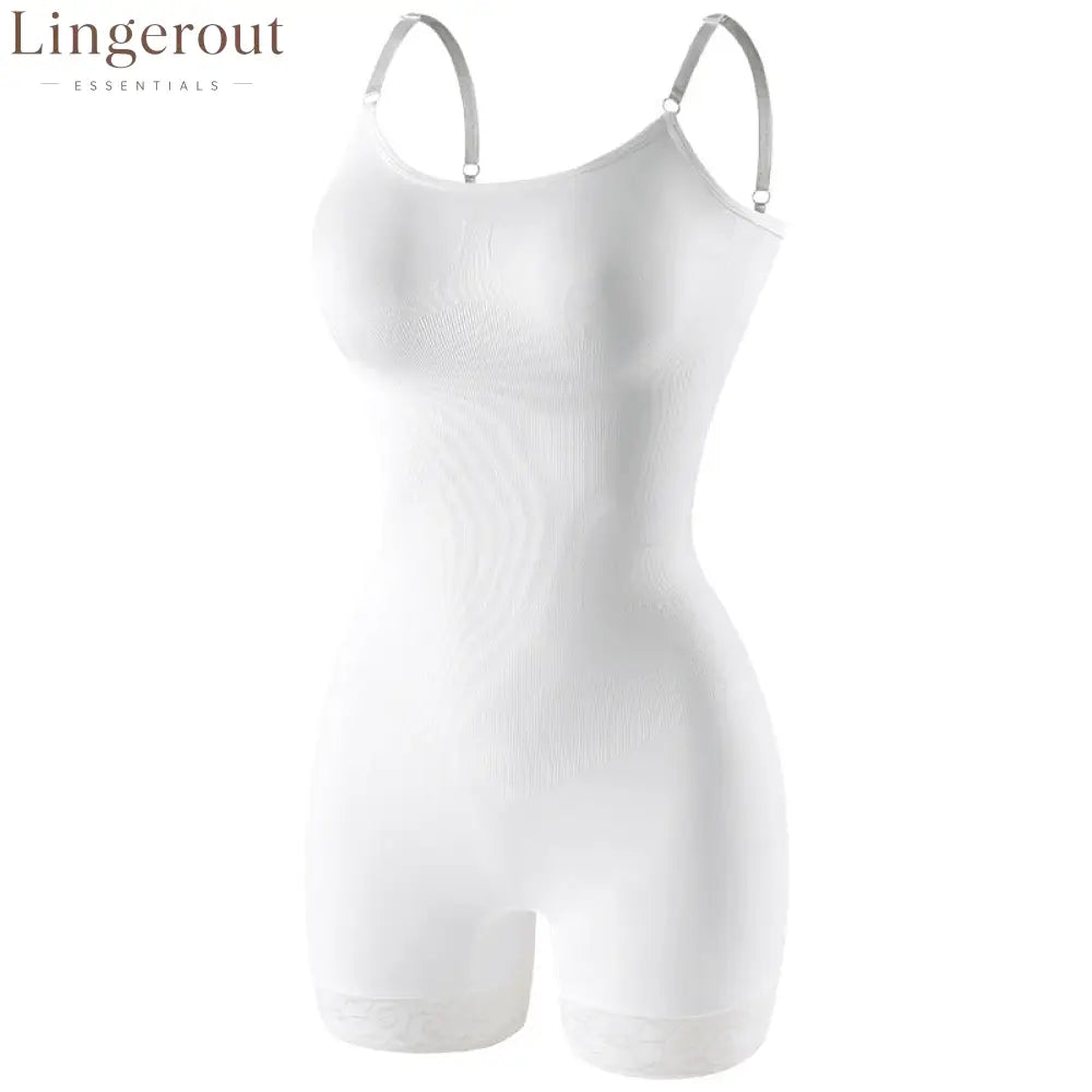 360° Strong Tummy Control Shapewear Bodysuit Spaghetti Strap Butt Lifting Lace Hem Body Shaper - White / S
