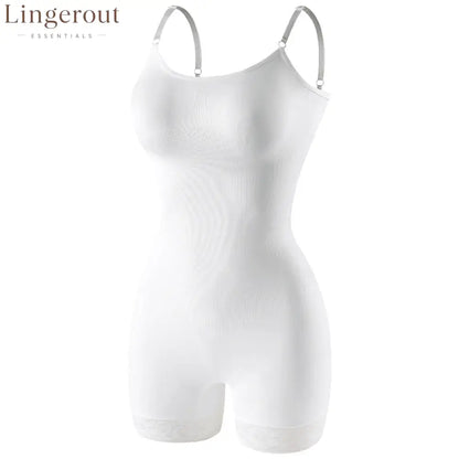 360° Strong Tummy Control Shapewear Bodysuit Spaghetti Strap Butt Lifting Lace Hem Body Shaper - White / S