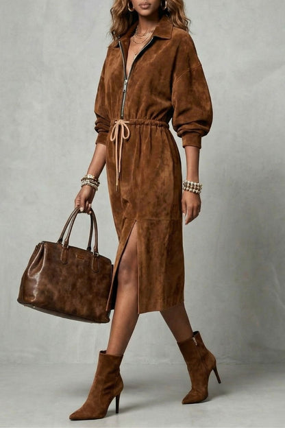 Women's Suede Lapel Half Zip Drawstring Waist Long Sleeve Midi Dress With Side Slit