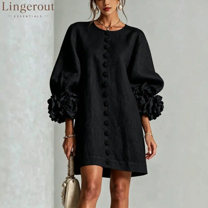 3D Floral Cuff Linen Mini Dress - Black / S
