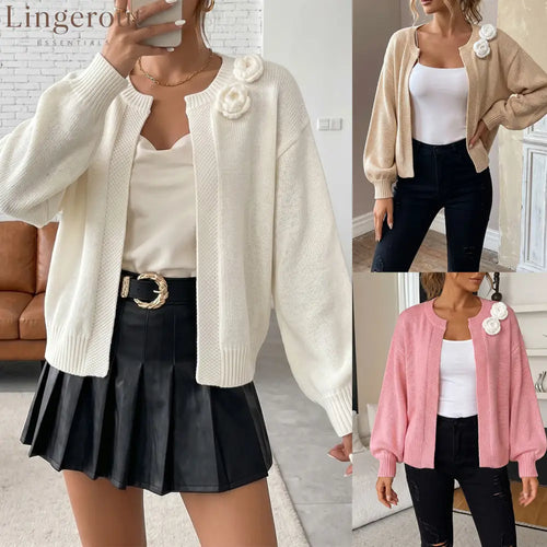 3D Floral Cropped Knit Cardigan