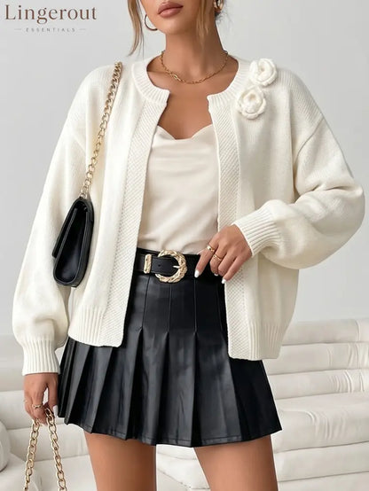 3D Floral Cropped Knit Cardigan - White / M