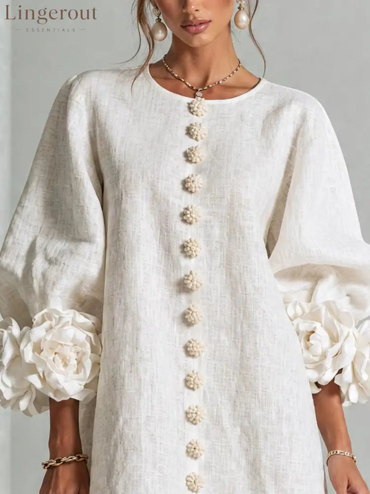 3D Floral Cuff Linen Mini Dress
