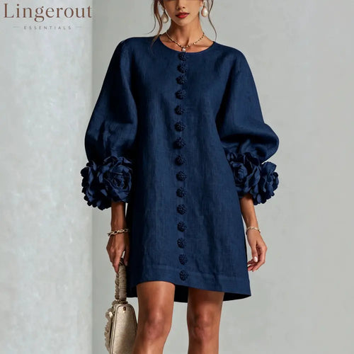 3D Floral Cuff Linen Mini Dress