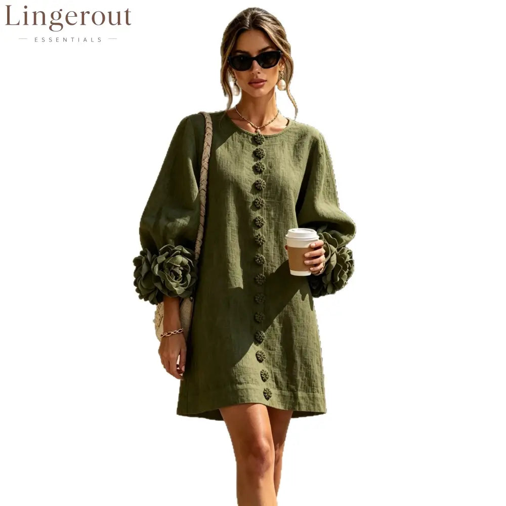 3D Floral Cuff Linen Mini Dress