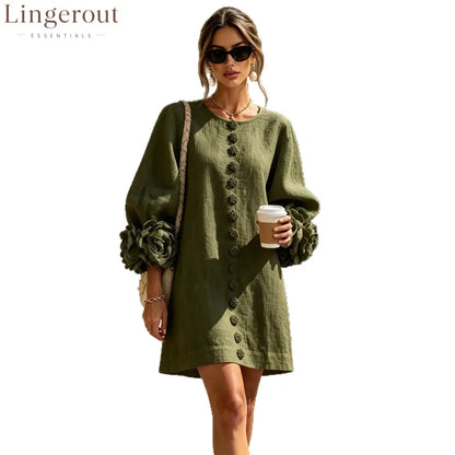 3D Floral Cuff Linen Mini Dress