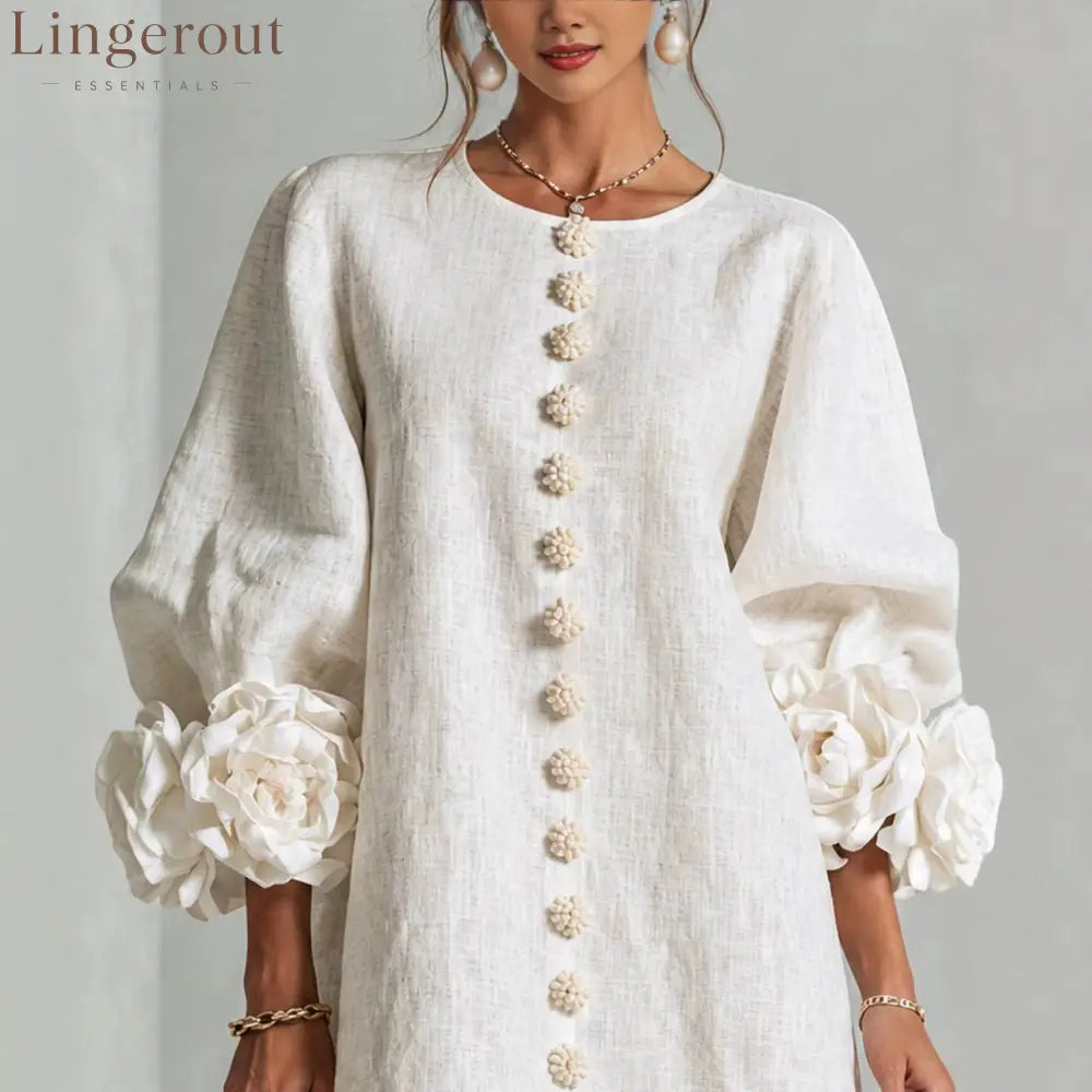 3D Floral Cuff Linen Mini Dress