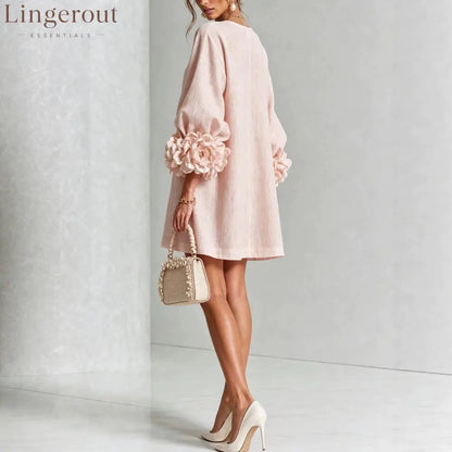 3D Floral Cuff Linen Mini Dress