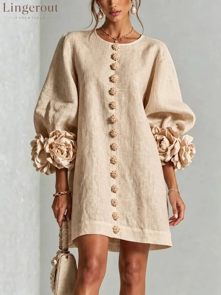 3D Floral Cuff Linen Mini Dress - Apricot / S