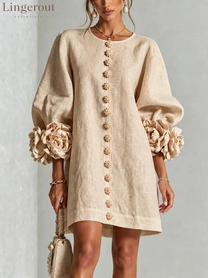 3D Floral Cuff Linen Mini Dress - Apricot / S
