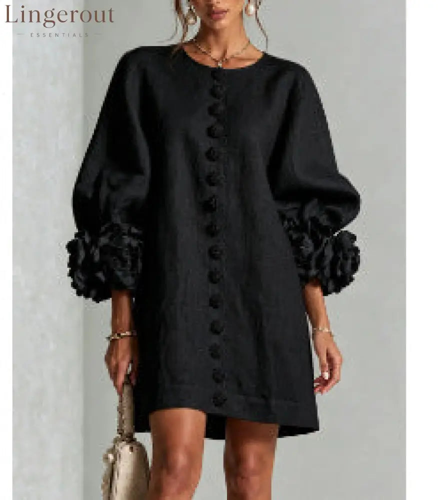 3D Floral Cuff Linen Mini Dress - Black / S