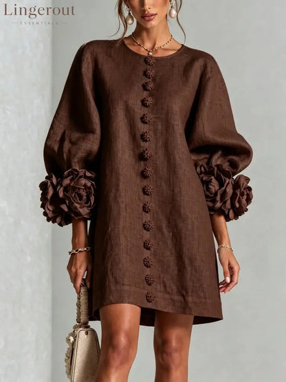 3D Floral Cuff Linen Mini Dress - Brown / S