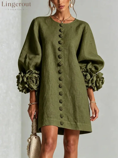 3D Floral Cuff Linen Mini Dress - Green / S