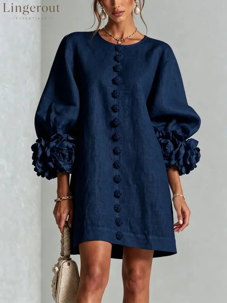 3D Floral Cuff Linen Mini Dress - Navy blue / S