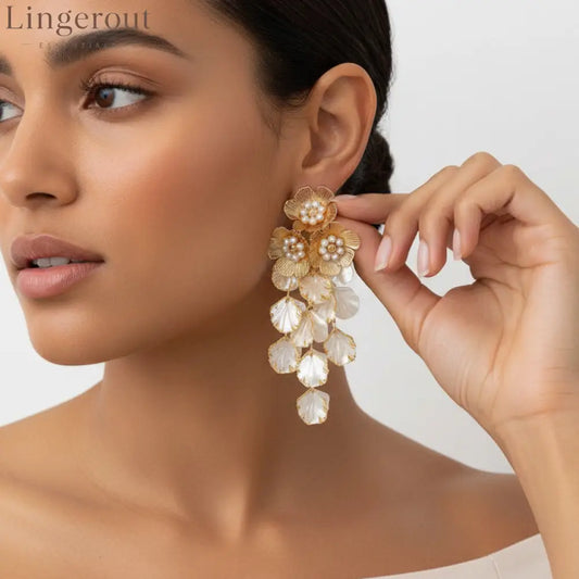 3D Floral Pearl Tassel Drop Earrings Vintage Gold Plated White Petal Wedding Statement Dangle Earrings - Gold
