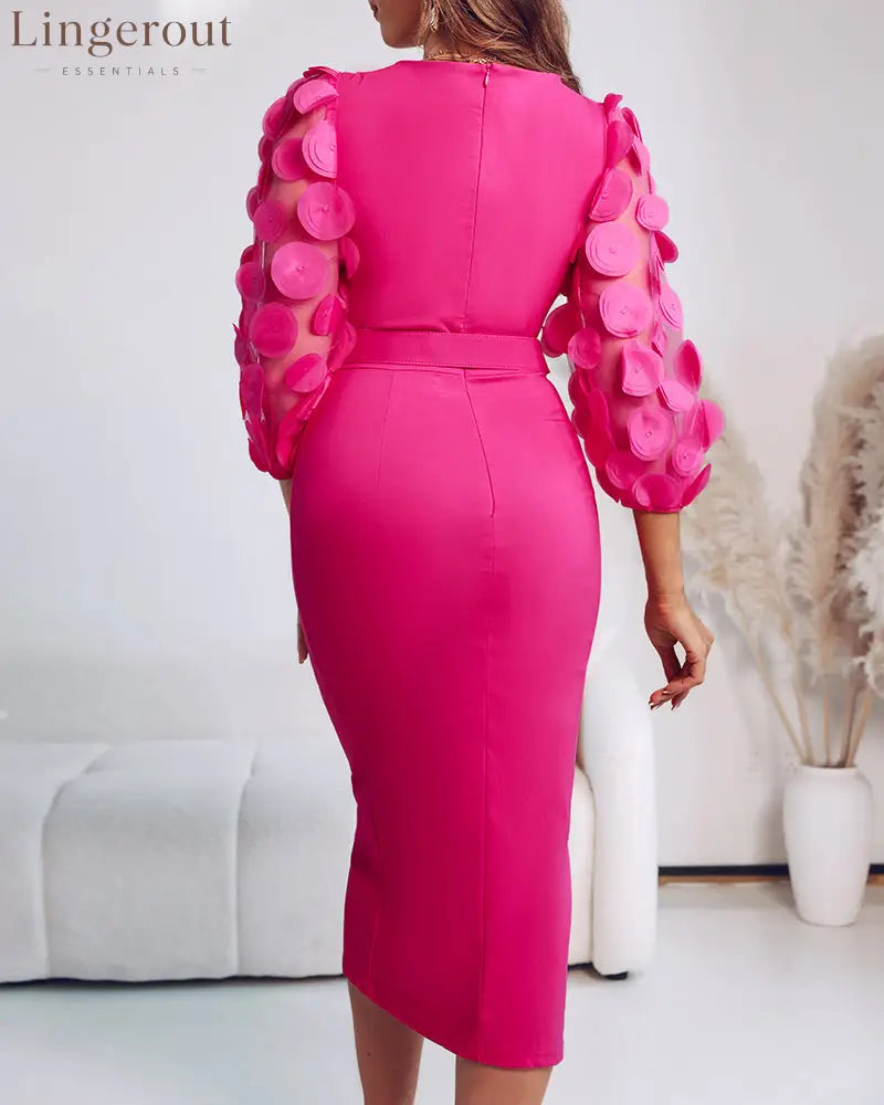 3D Polka Dot Appliques Mesh Lantern Sleeve Zipper Back Slit Work Dress Cinched Waist Slim Fit Mid Length Dress With Belt