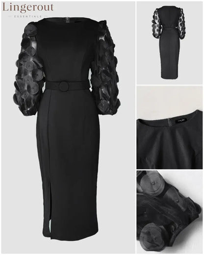 3D Polka Dot Appliques Mesh Lantern Sleeve Zipper Back Slit Work Dress Cinched Waist Slim Fit Mid Length Dress With Belt