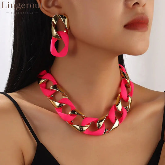 3pcs/set Resin Eight-character Twist Link Chain Fashionable Lady’s Necklace Earrings And Jewelry Set