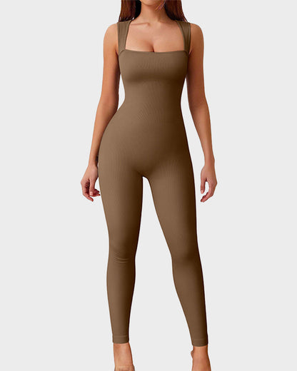 Hugmecurve® Ribbed Square Neck Sleeveless Workout Jumpsuit