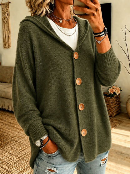 Women’s Hooded Knit Cardigan, Relaxed Button Front Sweater Jacket Casual Outerwear