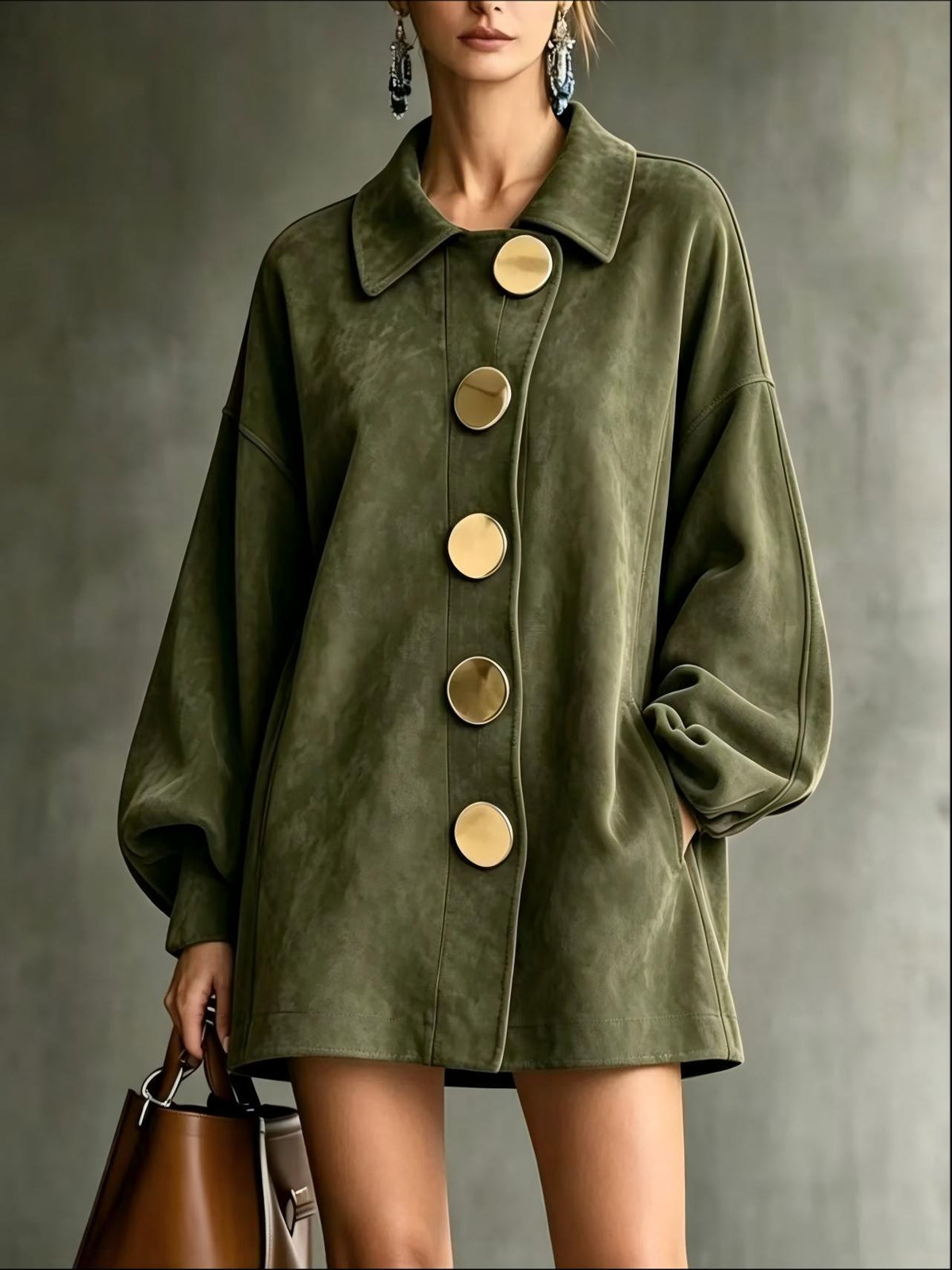 margot oversized faux suede jacket dress in army green - front view