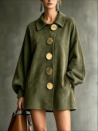 margot oversized faux suede jacket dress in army green - front view