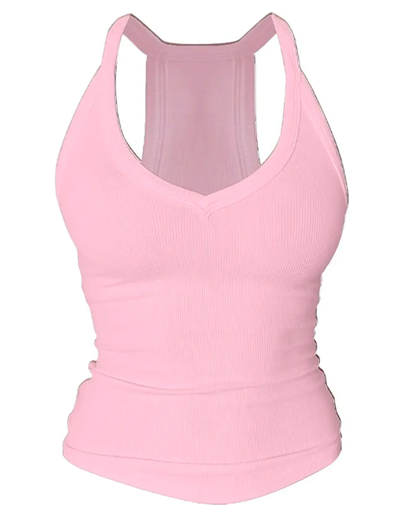 Built-in Bra V-Neck Ribbed Spaghetti Strap Cami Top - Pink / S