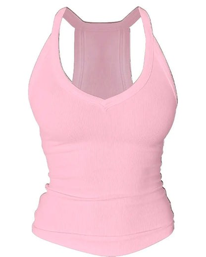 Built-in Bra V-Neck Ribbed Spaghetti Strap Cami Top - Pink / S