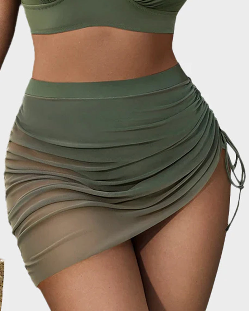 Hugmecurve Mesh High Waisted Tummy Control Sarong Wraps Bikini Set