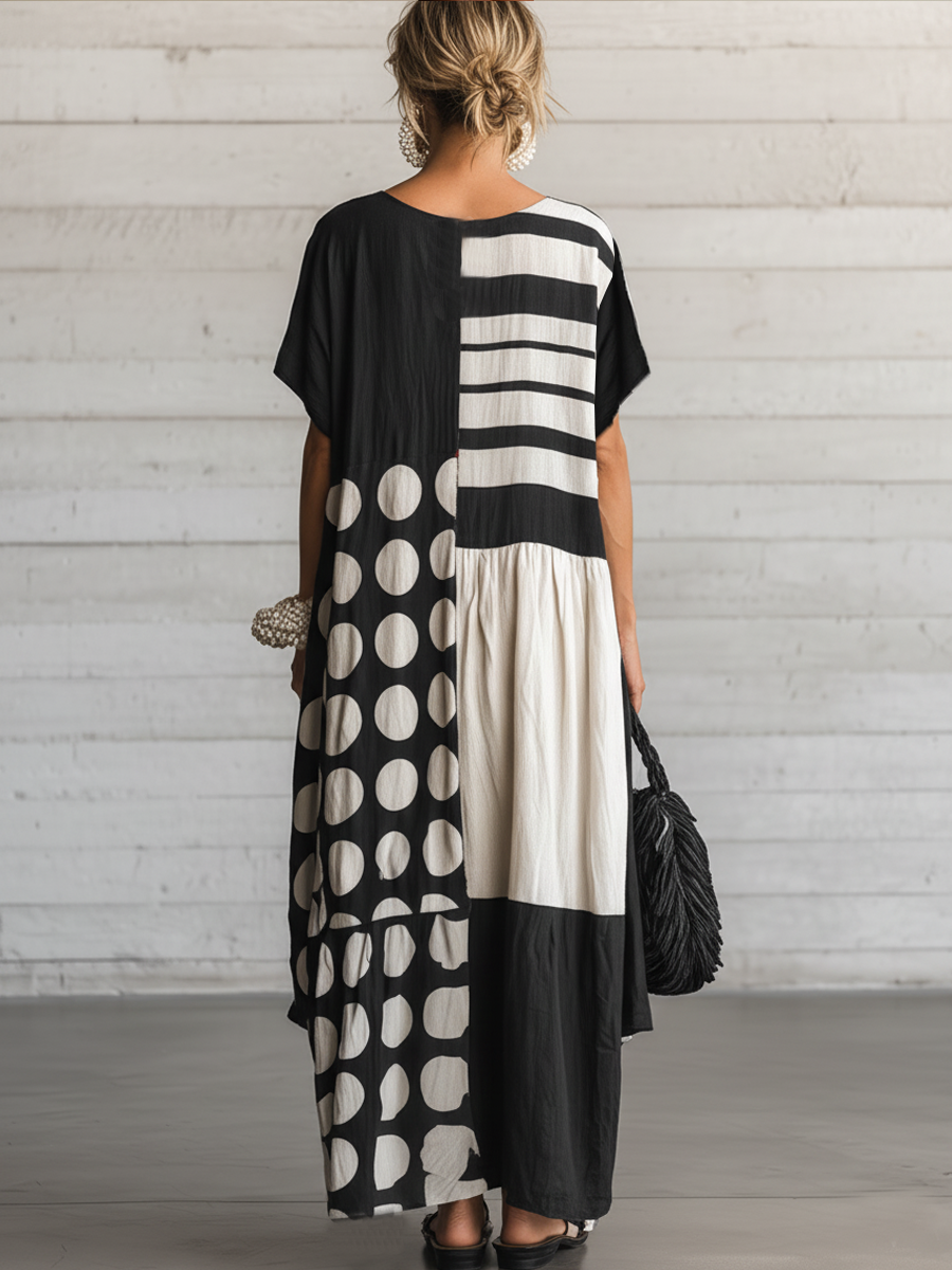 Women's Casual Retro Cotton-Linen Spliced  — Round Neck, Short Sleeve, Loose Fit, Maxi Length Dress