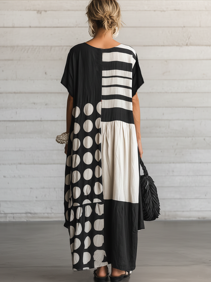 Women's Casual Retro Cotton-Linen Spliced  — Round Neck, Short Sleeve, Loose Fit, Maxi Length Dress