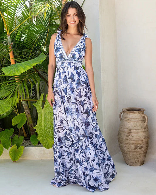 Hugmecurve® V Neck Lace Up Strip Plant Prints One Piece Swimsuit and Skirt/Sarong