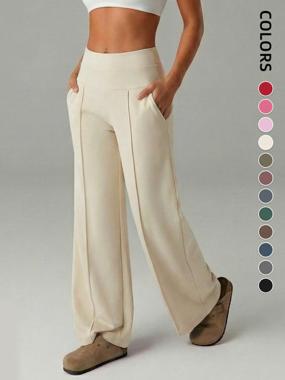 Women's Plain Loose Straight Leg Pants, Wide Leg High Waist Sporty Casual Sweatpants with Pockets