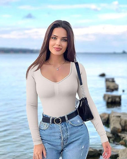Hugmecurve® Seamless Long Sleeve V-Neck Sculpting Bodysuit