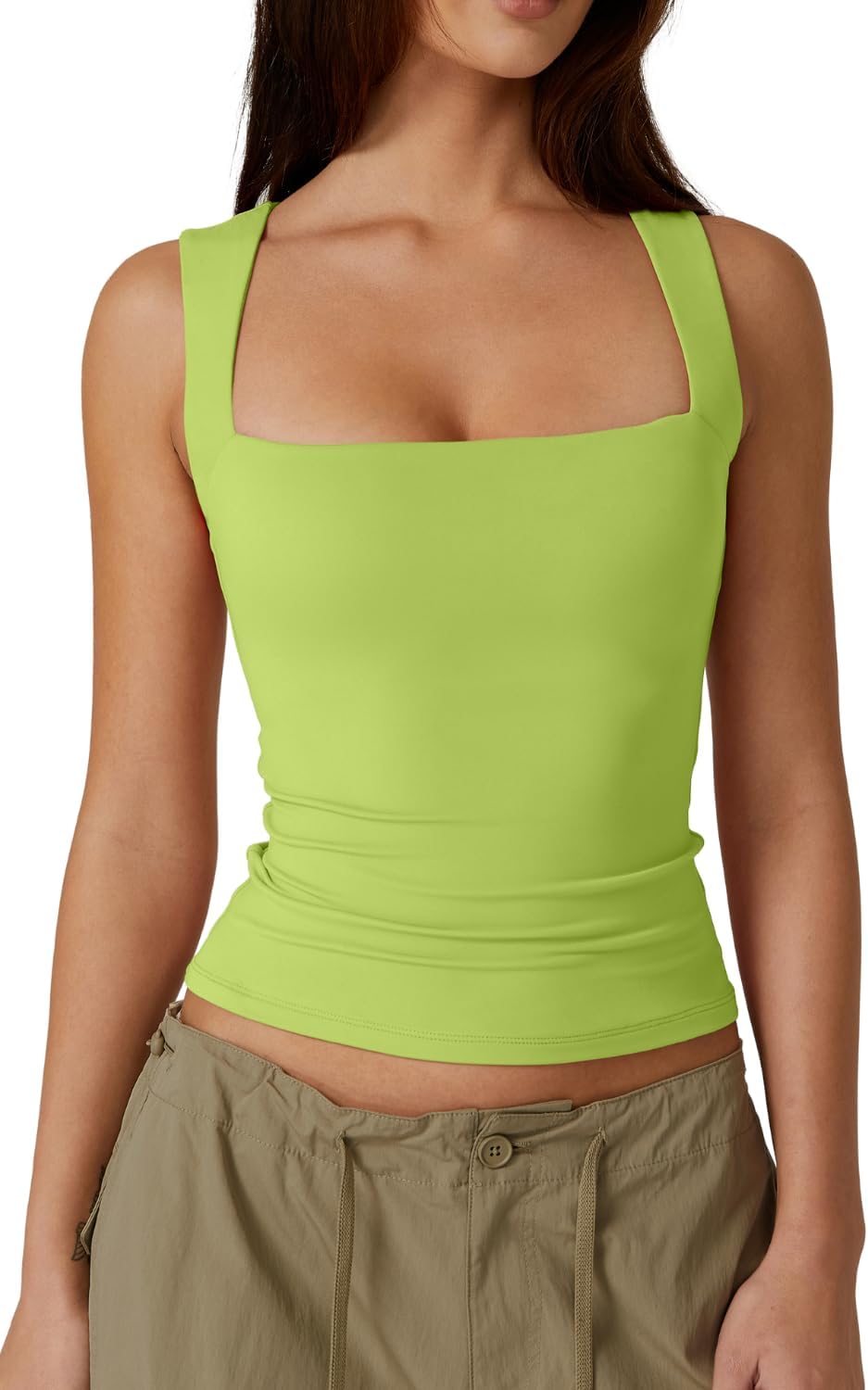 Hugmecurve Women's Double Layer Tank Tops Square Neck Sleeveless Basic Tight T Shirts
